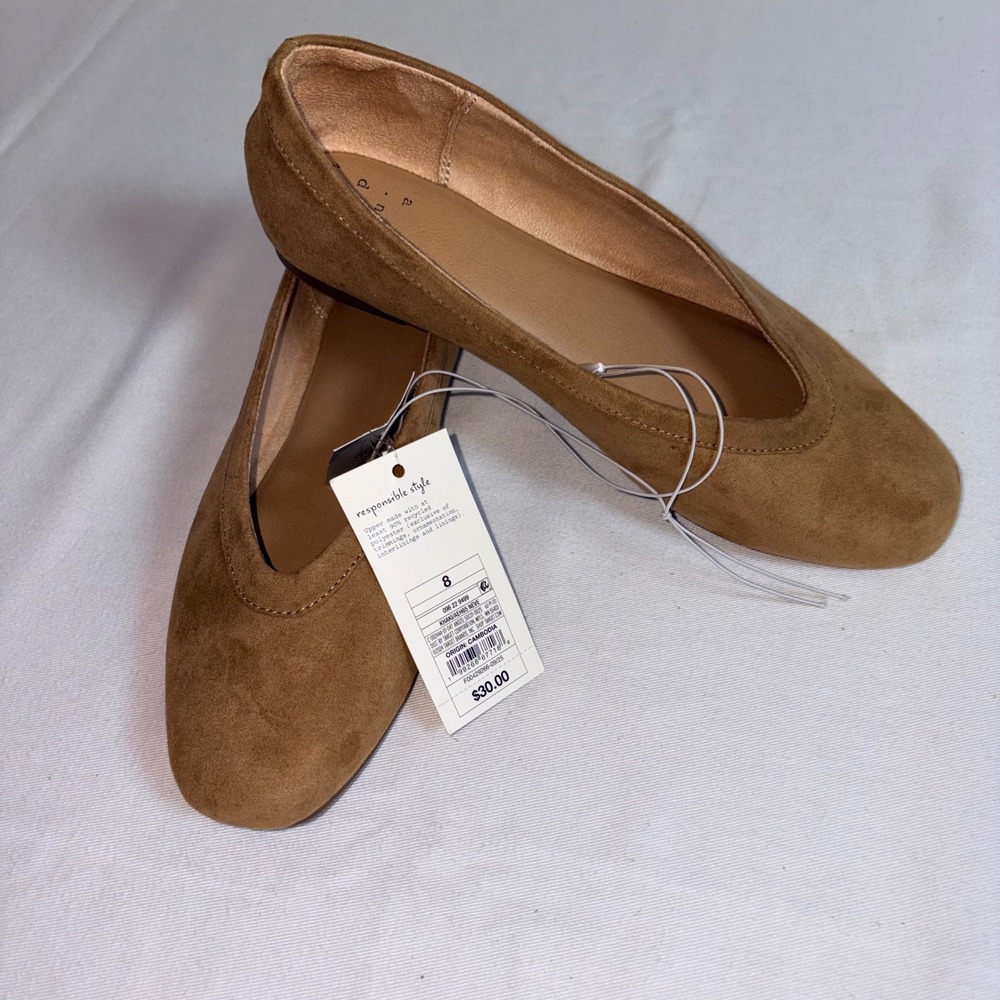 A New Day Ballet Flats 8 Brown NEW Faux Suede Memory Foam Almond Toe Slip On